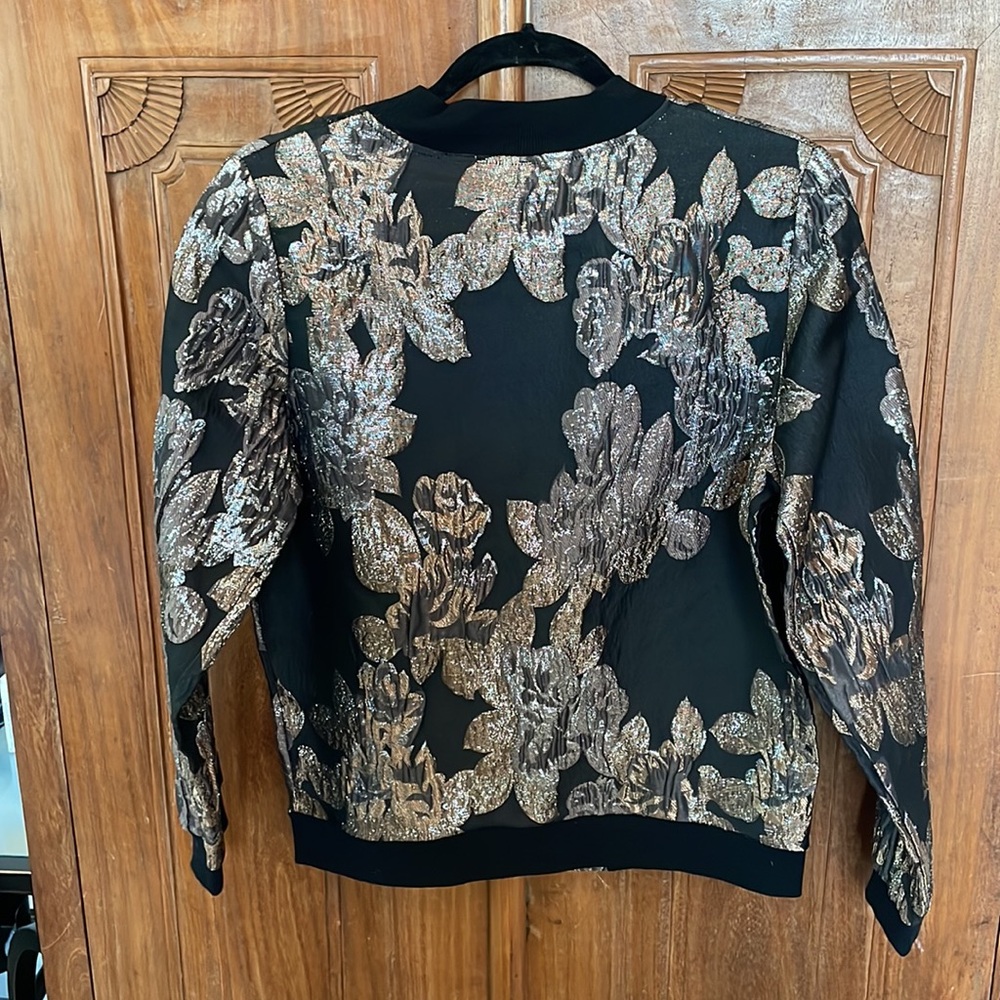 Black Dressy Bomber Jacket with Silver and Gold Leaf Print.  Zipper closure. - Picture 2 of 4